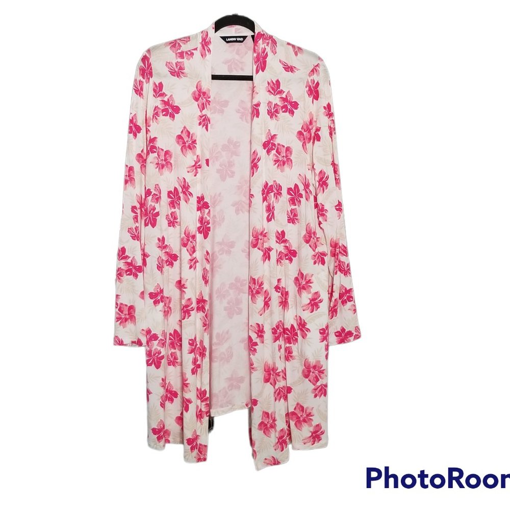 Lands' End Jersey Knit Fuchsia Floral Cardigan, Size L